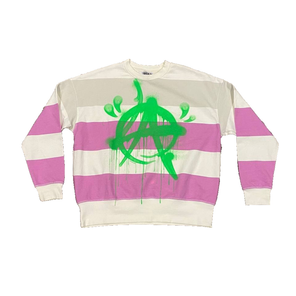 PUNK ® LA Anarchy Neon Green Multicolor Striped Crewneck Sweater Cotton Sm